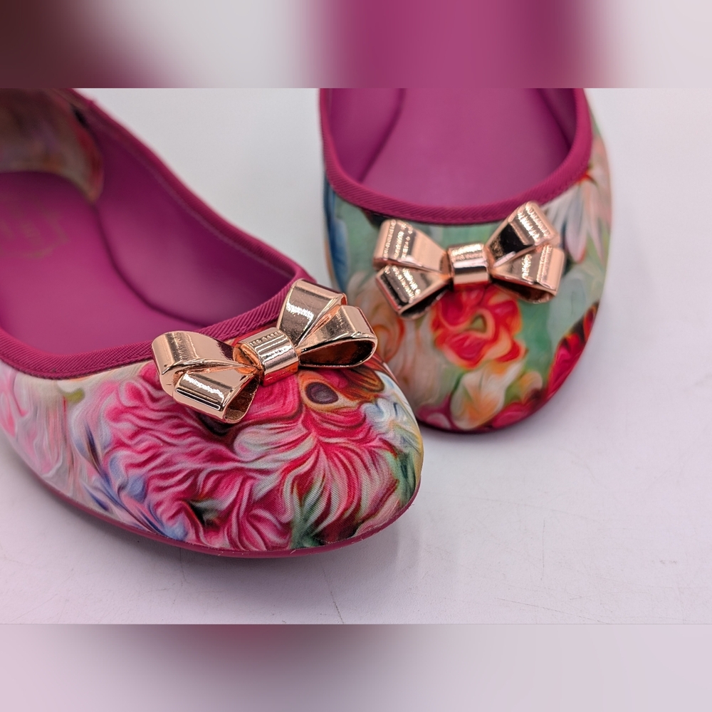Ted Baker London IMME 2 Sz 9  Vibrant Floral Pink Ballet Flats Rosegold Bows - Picture 4 of 17